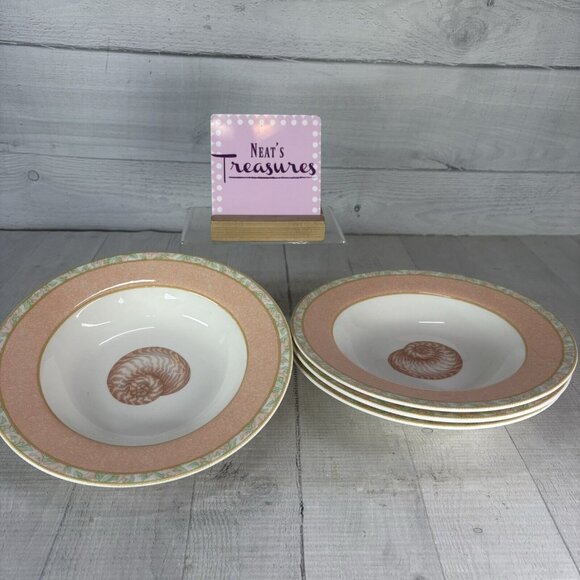 Victoria & Beale ATLANTIS Porcelain Peach Band Shell Centen Rim Soup Bowls Set 4 - Picture 1 of 16